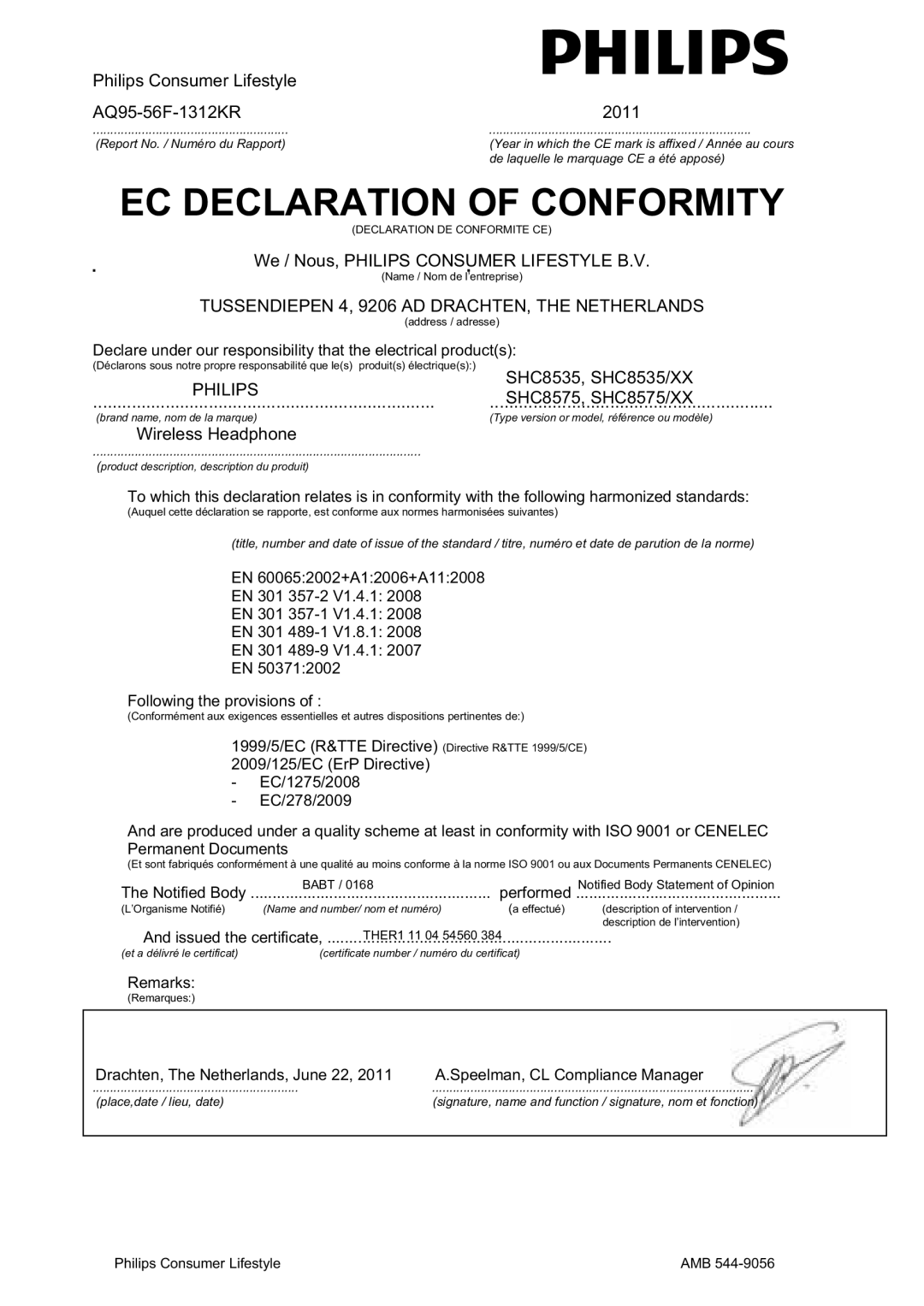 Philips SHC8575, SHC8535 user manual EC Declaration of Conformity 