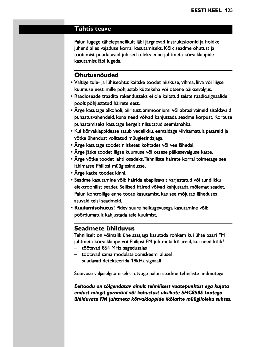 Philips SHC8585/00 manual Tähtis teave, Ohutusnõuded, Seadmete ühilduvus, Eesti Keel 