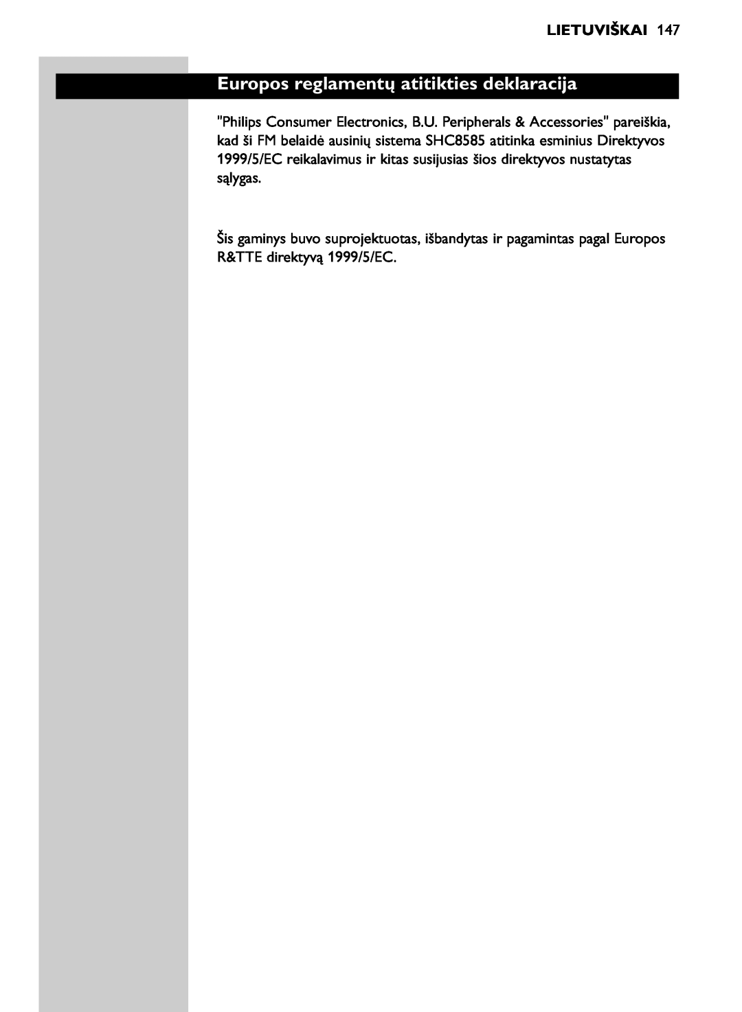 Philips SHC8585/00 manual Europos reglamentų atitikties deklaracija, Lietuviškai 