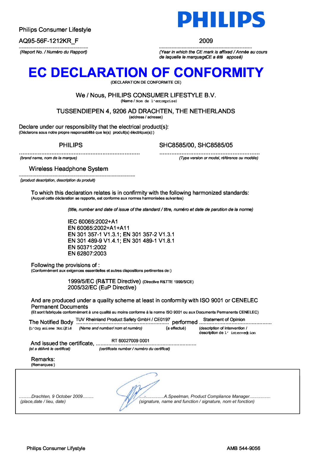 Philips SHC8585/00 manual Ec Declaration Of Conformity, Philips Consumer Lifestyle, AQ95-56F-1212KR_F, 2009 