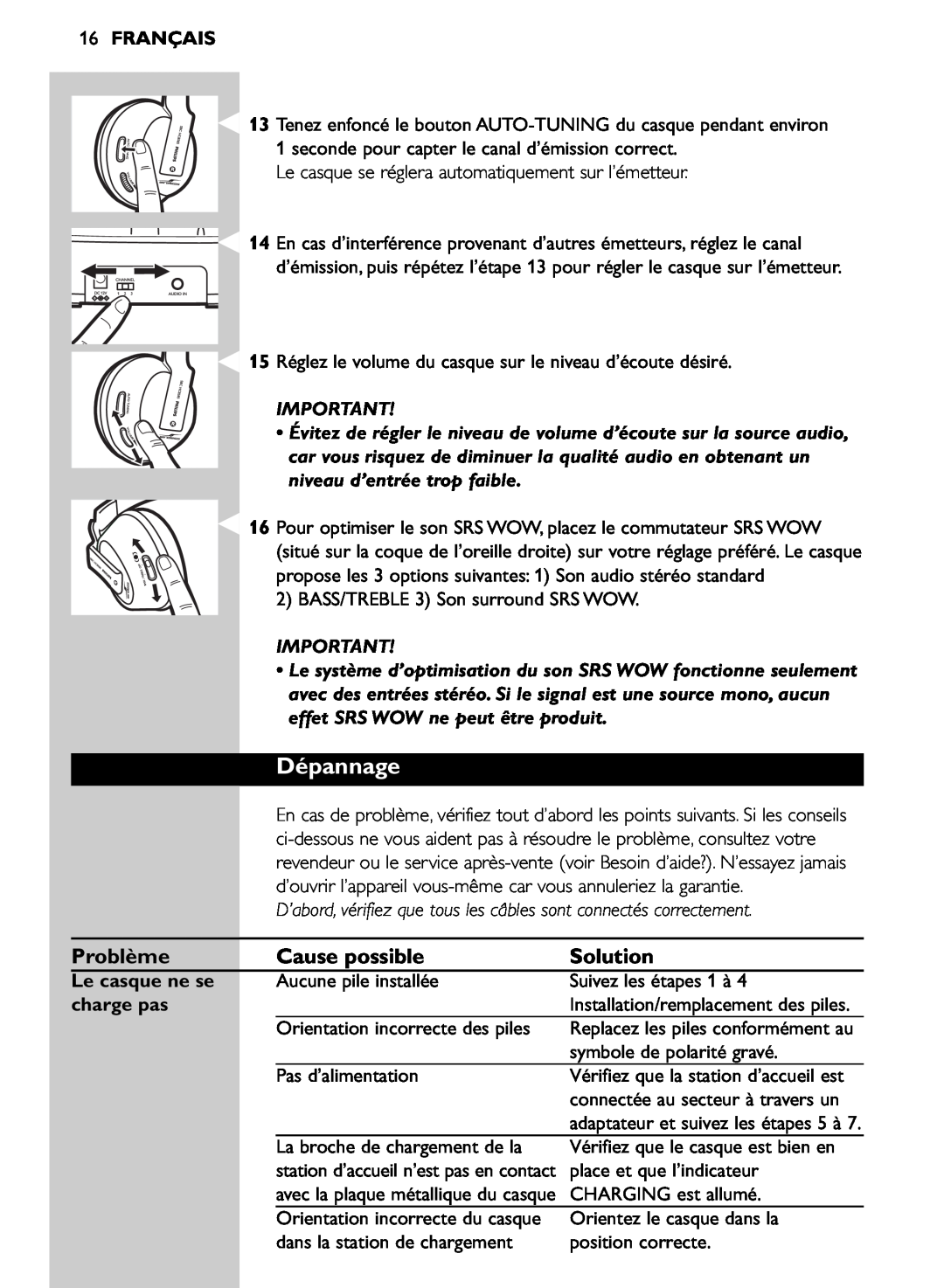 Philips SHC8585/00 manual Dépannage, Problème, Cause possible, 16FRANÇAIS, Le casque ne se, charge pas, Solution 