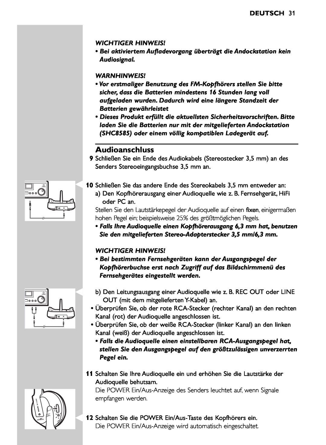 Philips SHC8585/00 manual Audioanschluss, Warnhinweis, Deutsch, Wichtiger Hinweis 