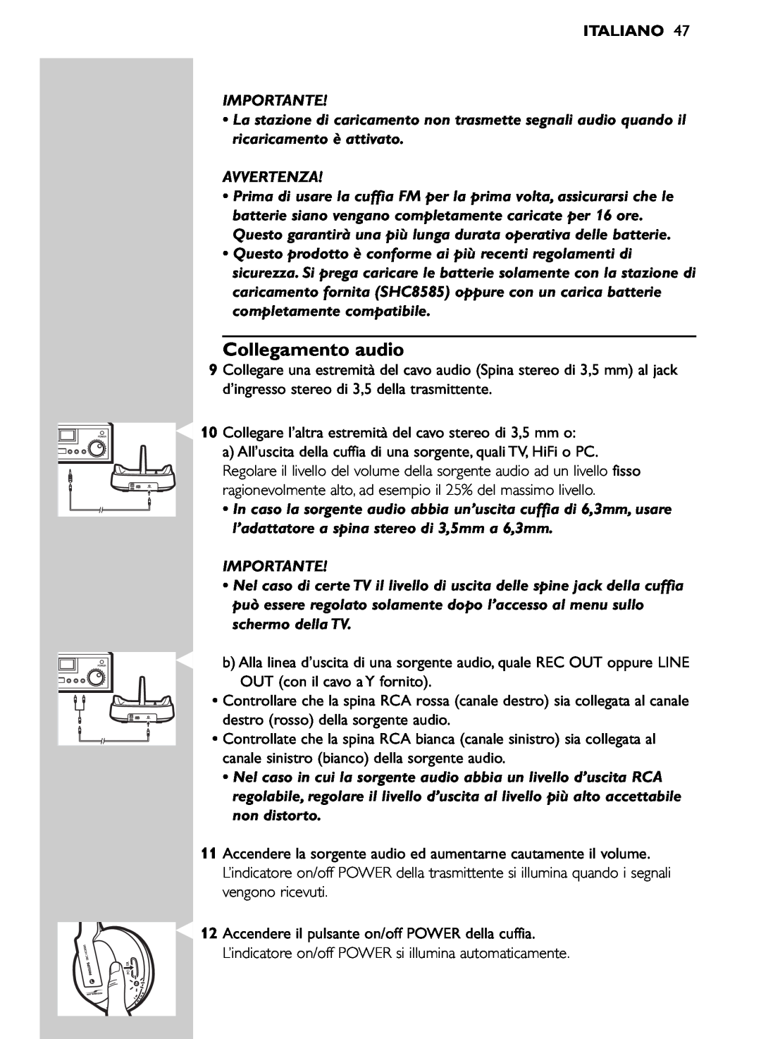 Philips SHC8585/00 manual Collegamento audio, Avvertenza, Italiano, Importante 
