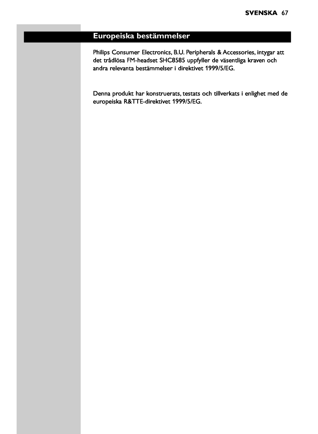 Philips SHC8585/00 manual Europeiska bestämmelser, Svenska 