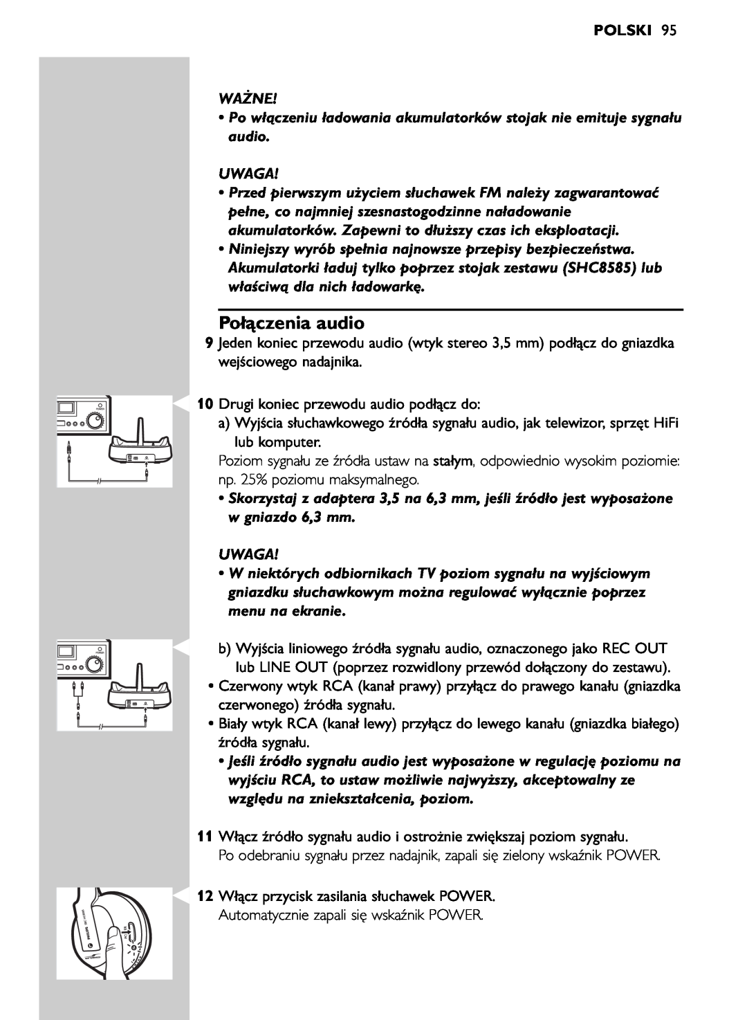 Philips SHC8585/00 manual Połączenia audio, Uwaga, Polski, Ważne 