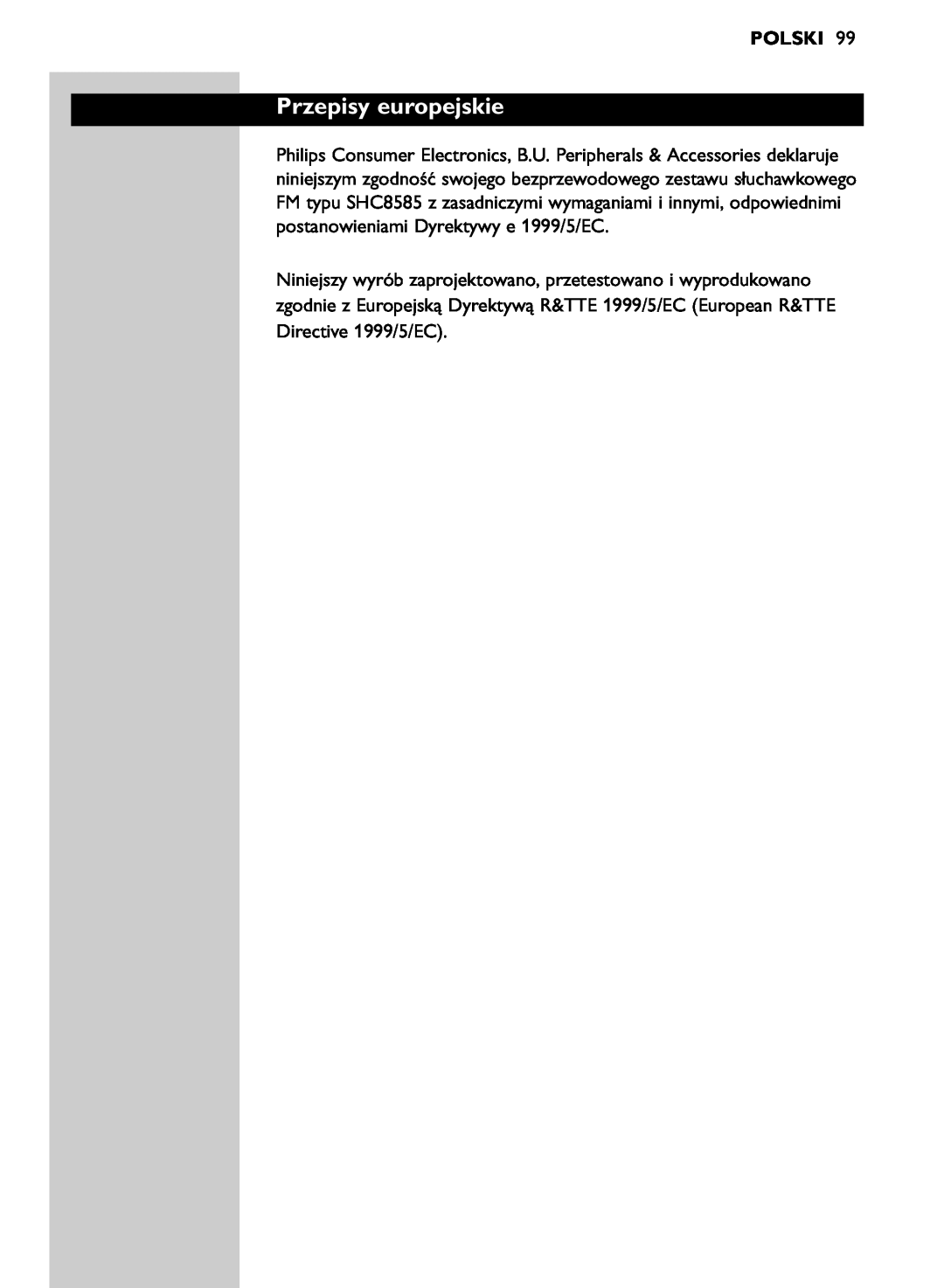 Philips SHC8585/00 manual Przepisy europejskie, Polski 