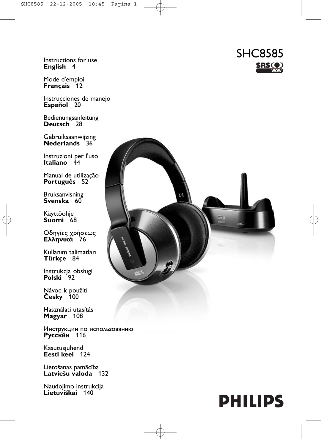 Philips SHC8585 manual English, Français, Español, Deutsch, Nederlands, Italiano, Português, Svenska, Suomi, Türkçe 