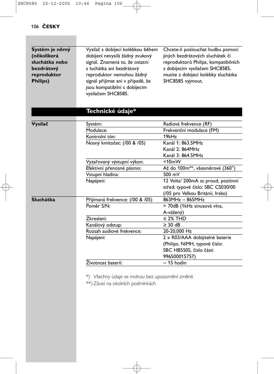 Philips SHC8585/05 manual Technické údaje 