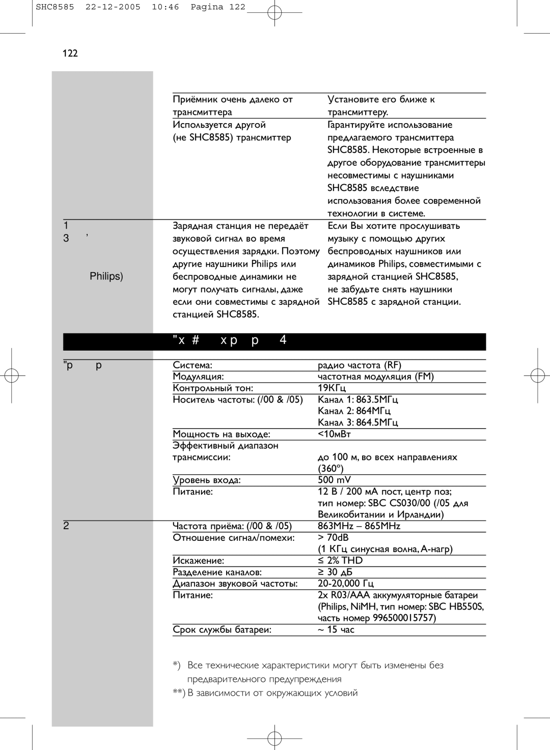 Philips SHC8585/05 manual Теxнические xаpактеpистики 