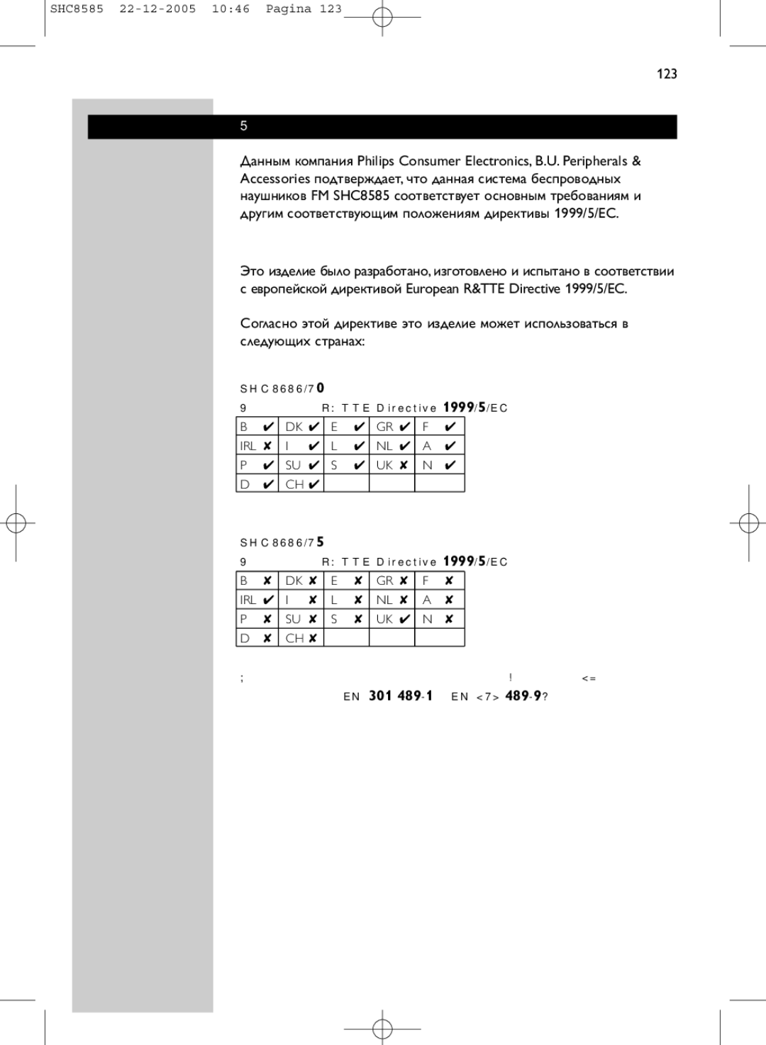 Philips SHC8585/05 manual Европейские правила, SHC8585/00 Директива R&TTE Directive 1999/5/EC 