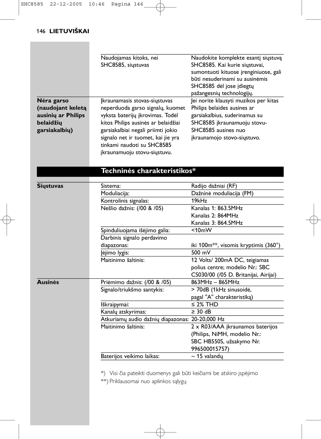 Philips SHC8585/05 manual Techninės charakteristikos 