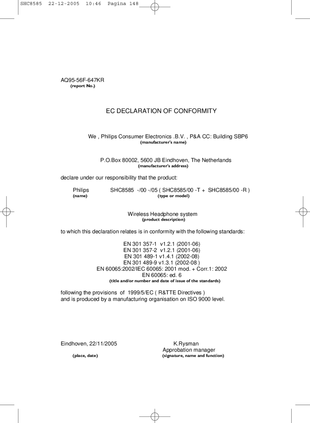 Philips SHC8585/05 manual EC Declaration of Conformity 