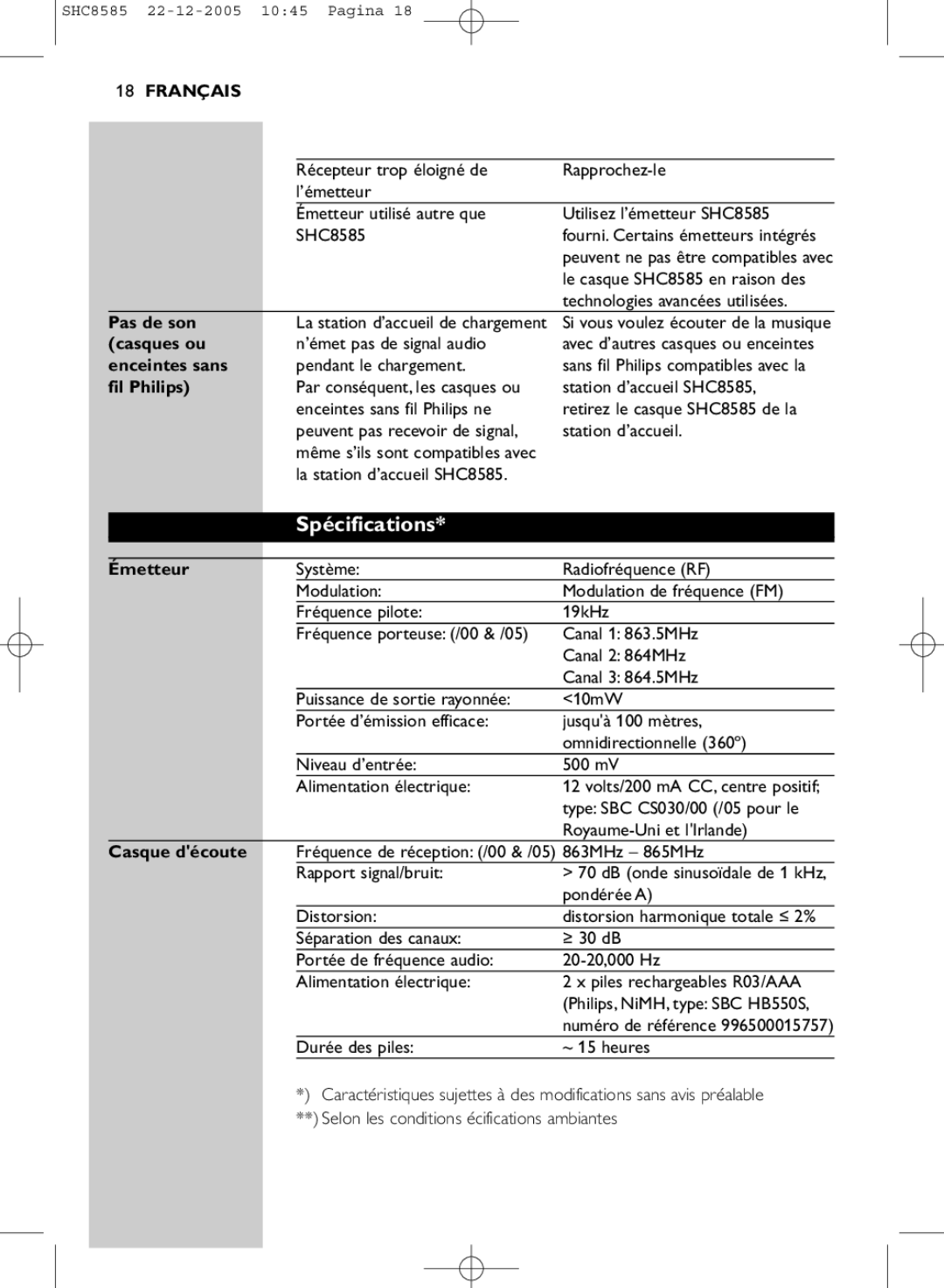 Philips SHC8585/05 manual Spécifications 