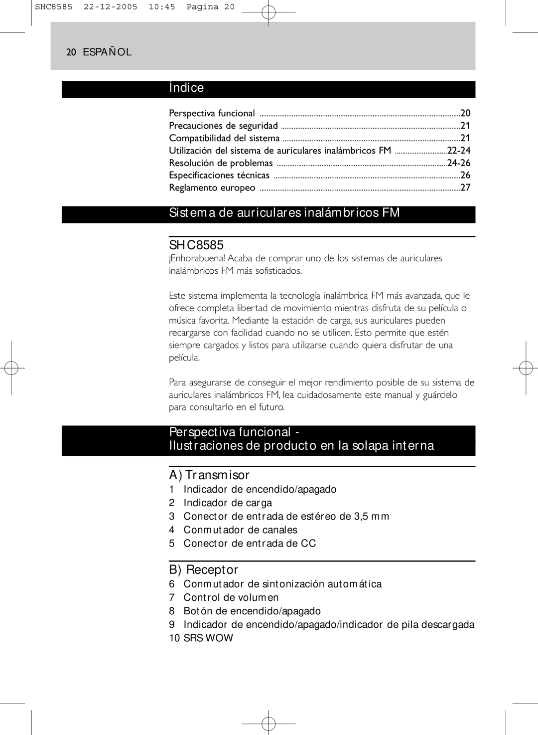 Philips SHC8585/05 manual Índice, Sistema de auriculares inalámbricos FM, Transmisor, Receptor 