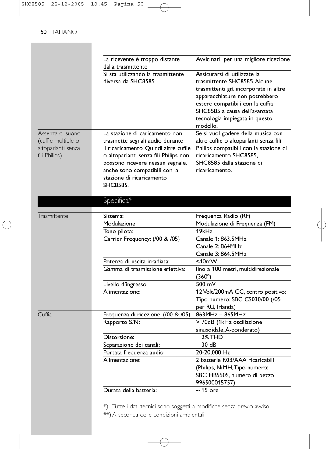 Philips SHC8585/05 manual Specifica 