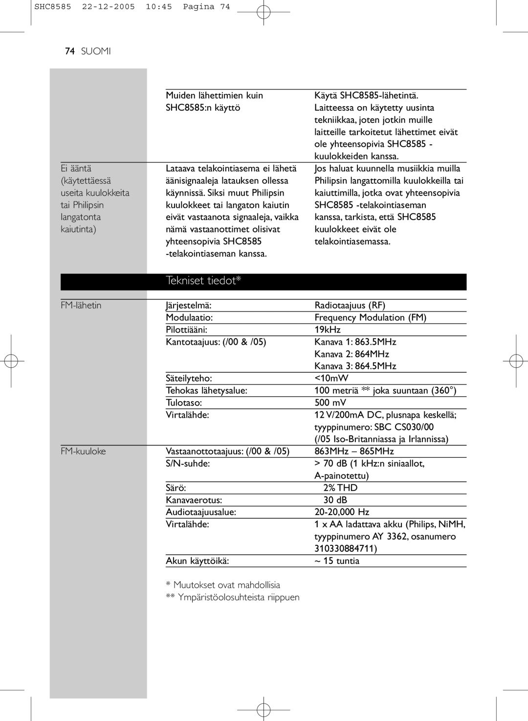 Philips SHC8585/05 manual Tekniset tiedot 