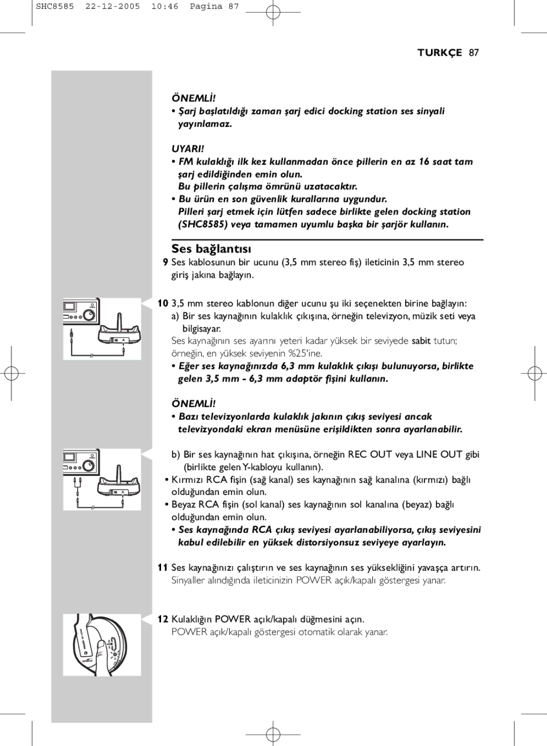 Philips SHC8585/05 manual Ses bağlantısı, Uyari 