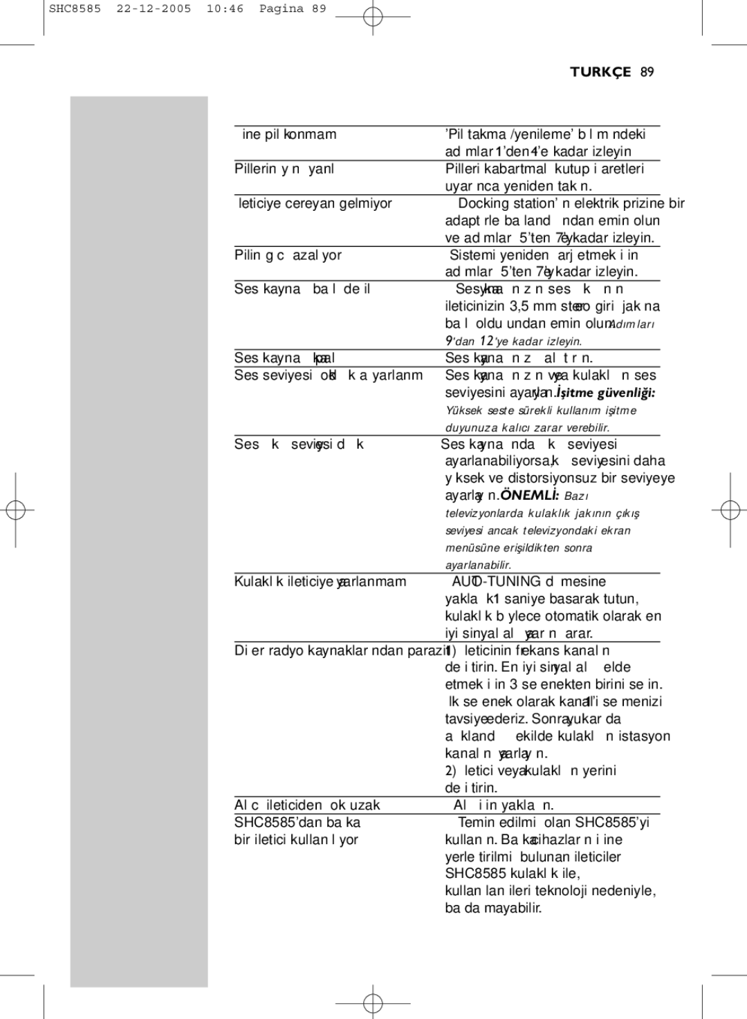 Philips SHC8585 manual 9dan 12ye kadar izleyin, Duyunuza kalıcı zarar verebilir, Menüsüne erişildikten sonra, Ayarlanabilir 