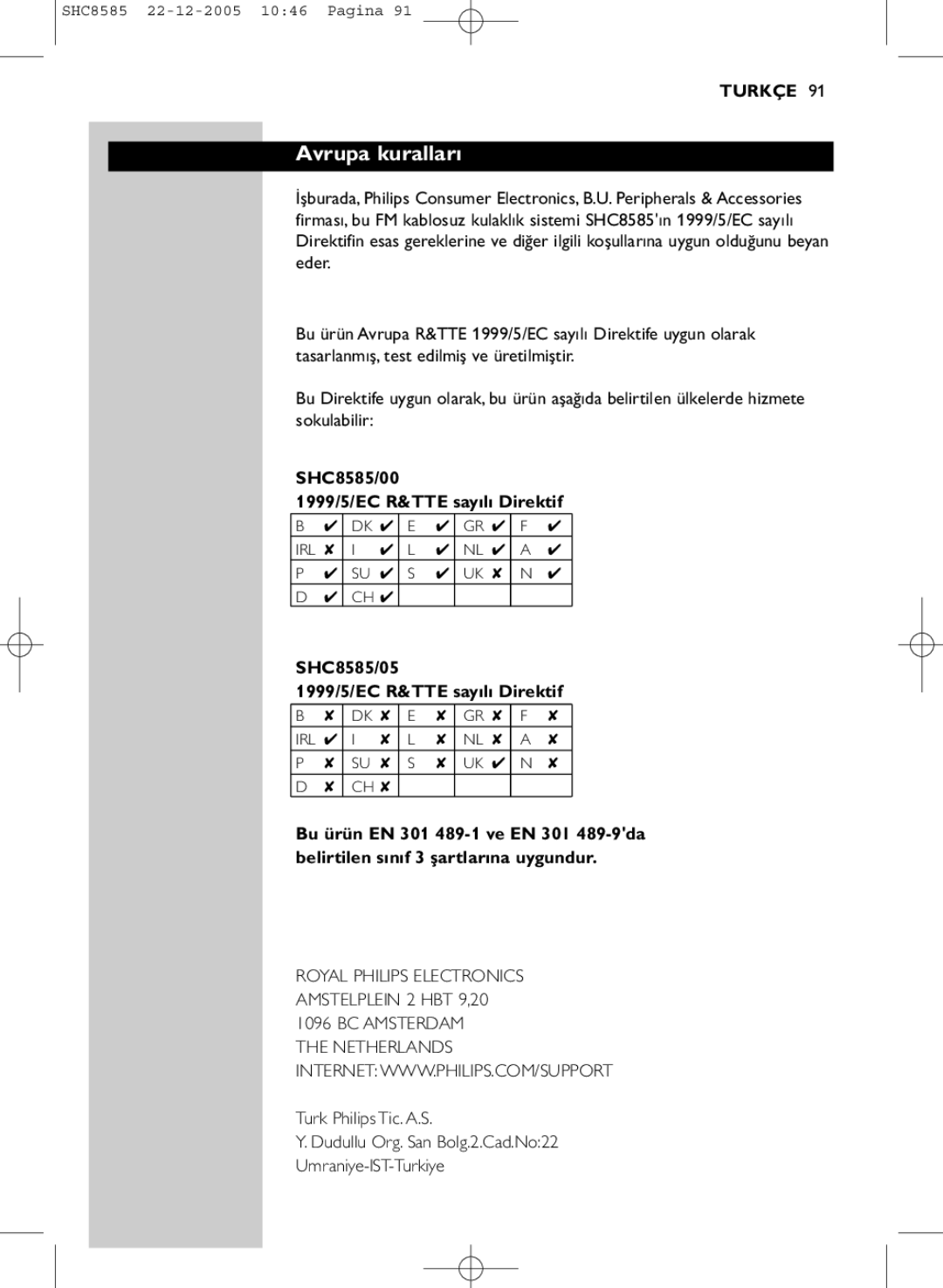 Philips manual Avrupa kuralları, SHC8585/00 1999/5/EC R&TTE sayılı Direktif, SHC8585/05 1999/5/EC R&TTE sayılı Direktif 