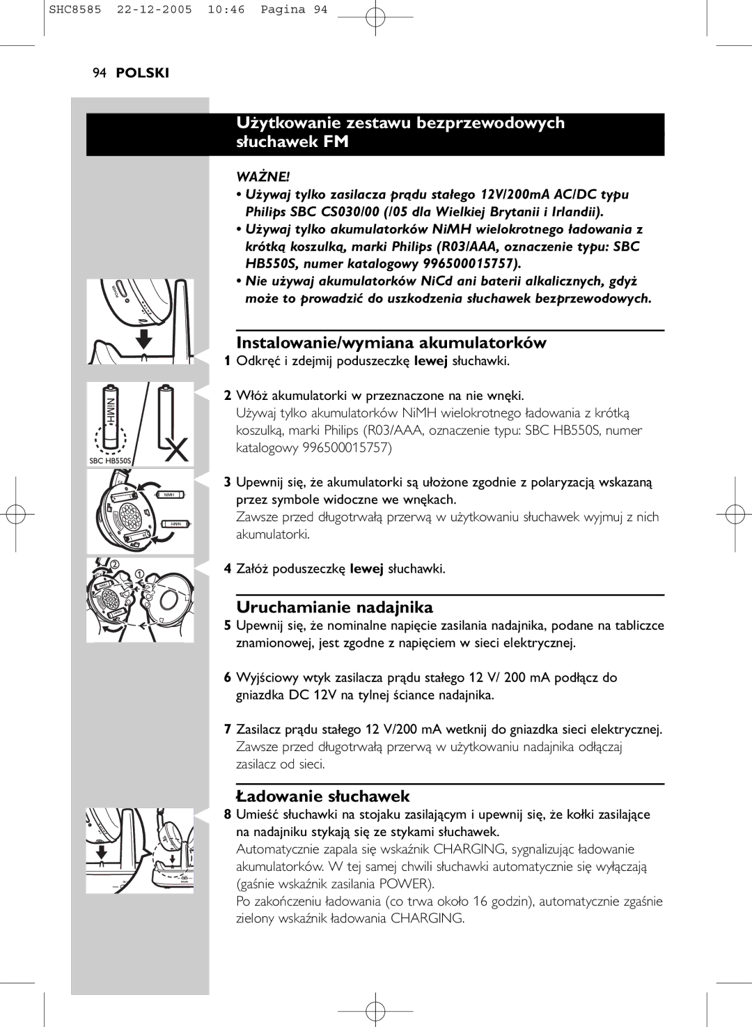 Philips SHC8585/05 manual Użytkowanie zestawu bezprzewodowych słuchawek FM, Instalowanie/wymiana akumulatorków, Ważne 