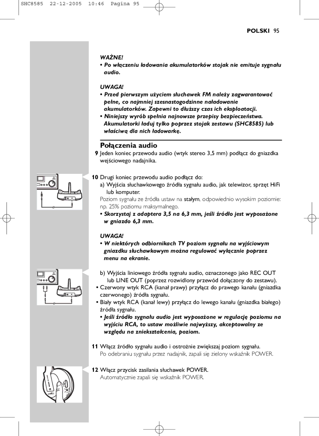 Philips SHC8585/05 manual Połączenia audio, Uwaga 