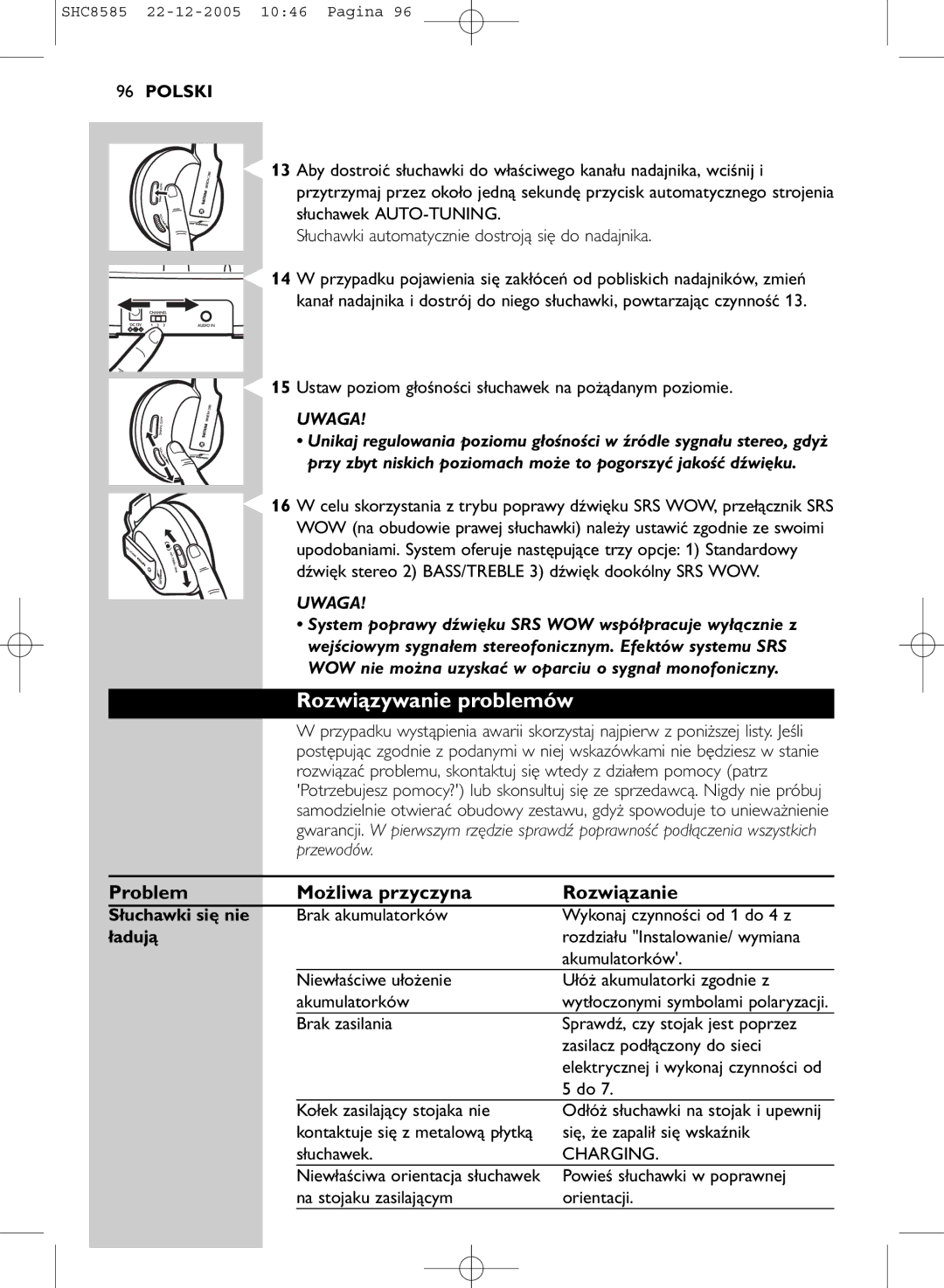 Philips SHC8585/05 manual Rozwiązywanie problemów, Problem Możliwa przyczyna Rozwiązanie, Słuchawki się nie, Ładują 