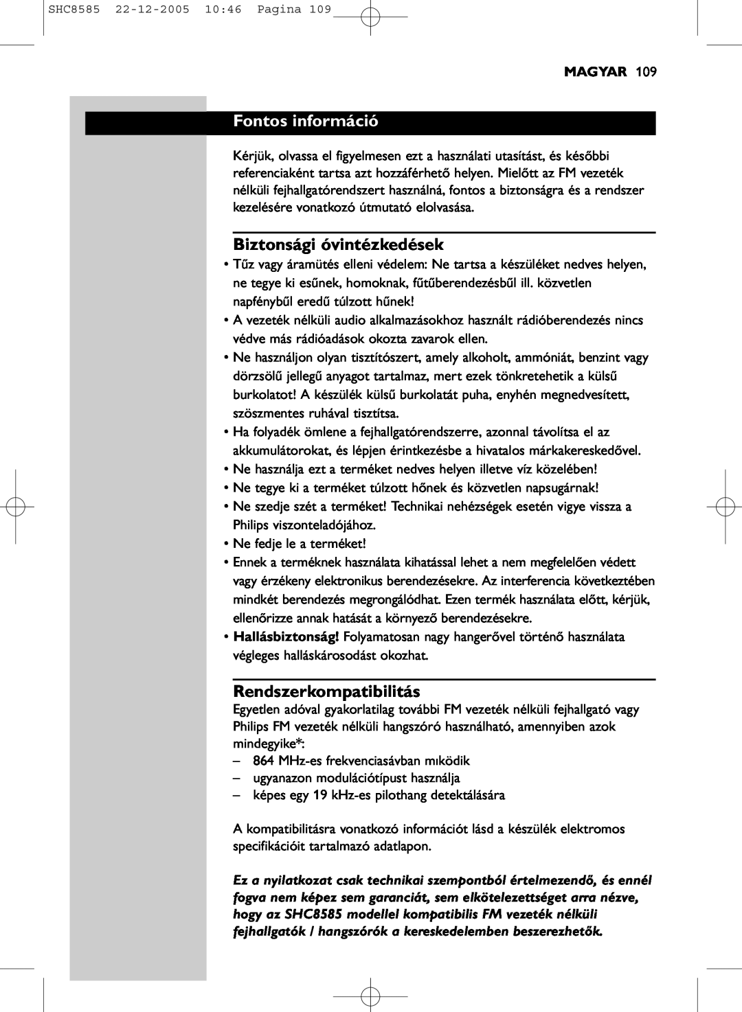 Philips SHC8585/05 manual Fontos információ, Biztonsági óvintézkedések, Rendszerkompatibilitás, Magyar 