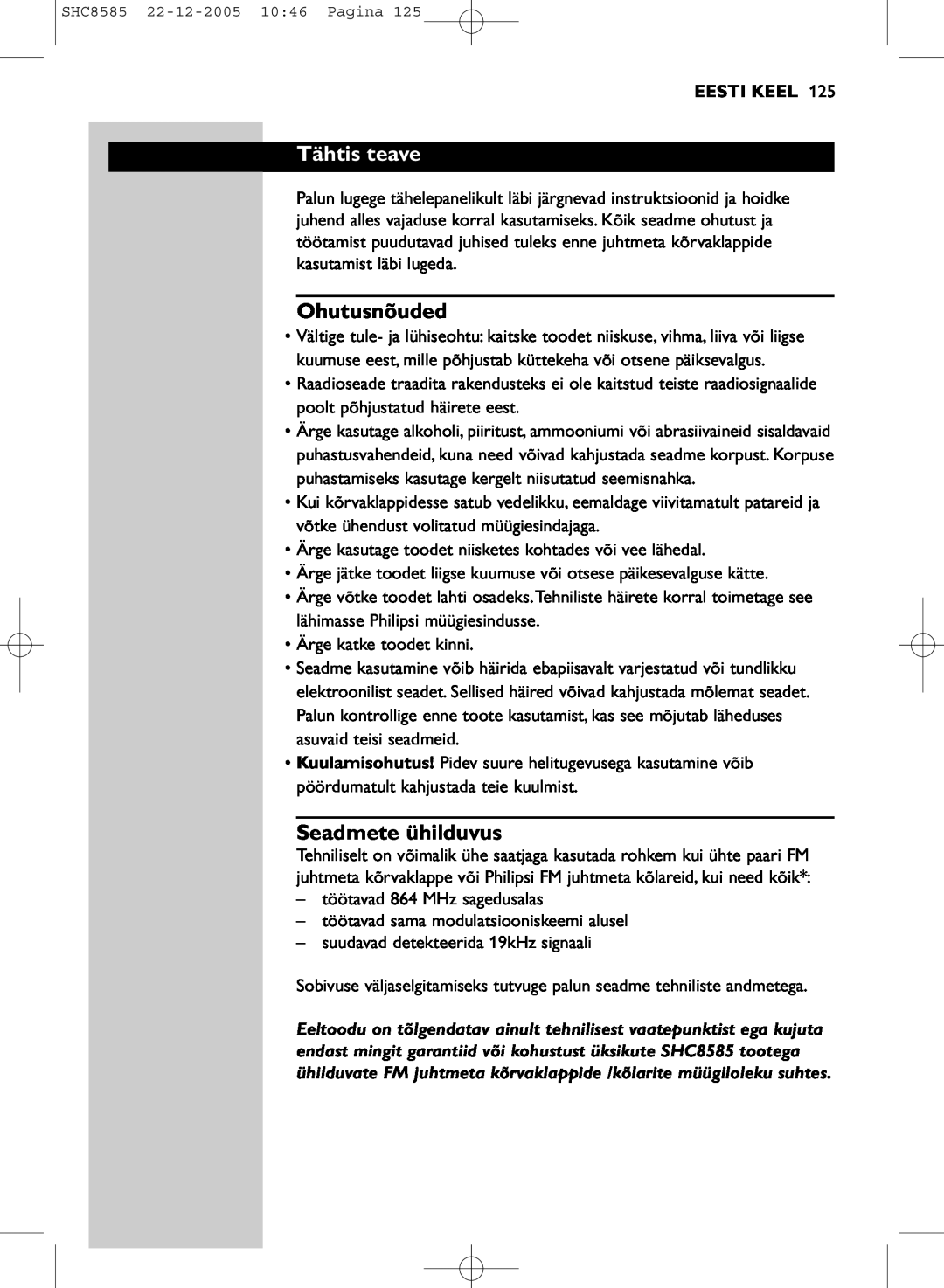 Philips SHC8585/05 manual Tähtis teave, Ohutusnõuded, Seadmete ühilduvus, Eesti Keel 