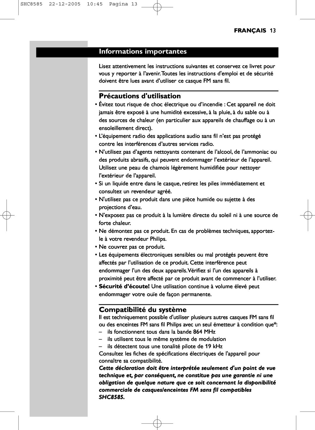 Philips SHC8585/05 manual Informations importantes, Précautions dutilisation, Compatibilité du système, Français 