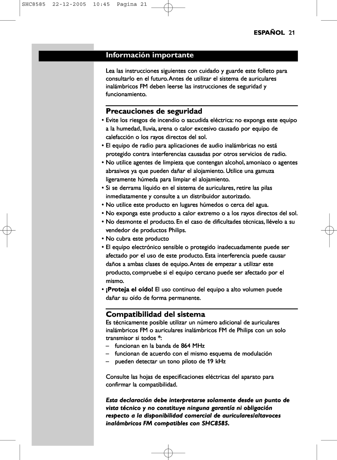Philips SHC8585/05 manual Información importante, Precauciones de seguridad, Compatibilidad del sistema, Español 