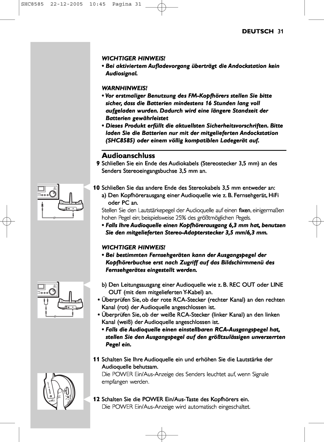 Philips SHC8585/05 manual Audioanschluss, Deutsch 