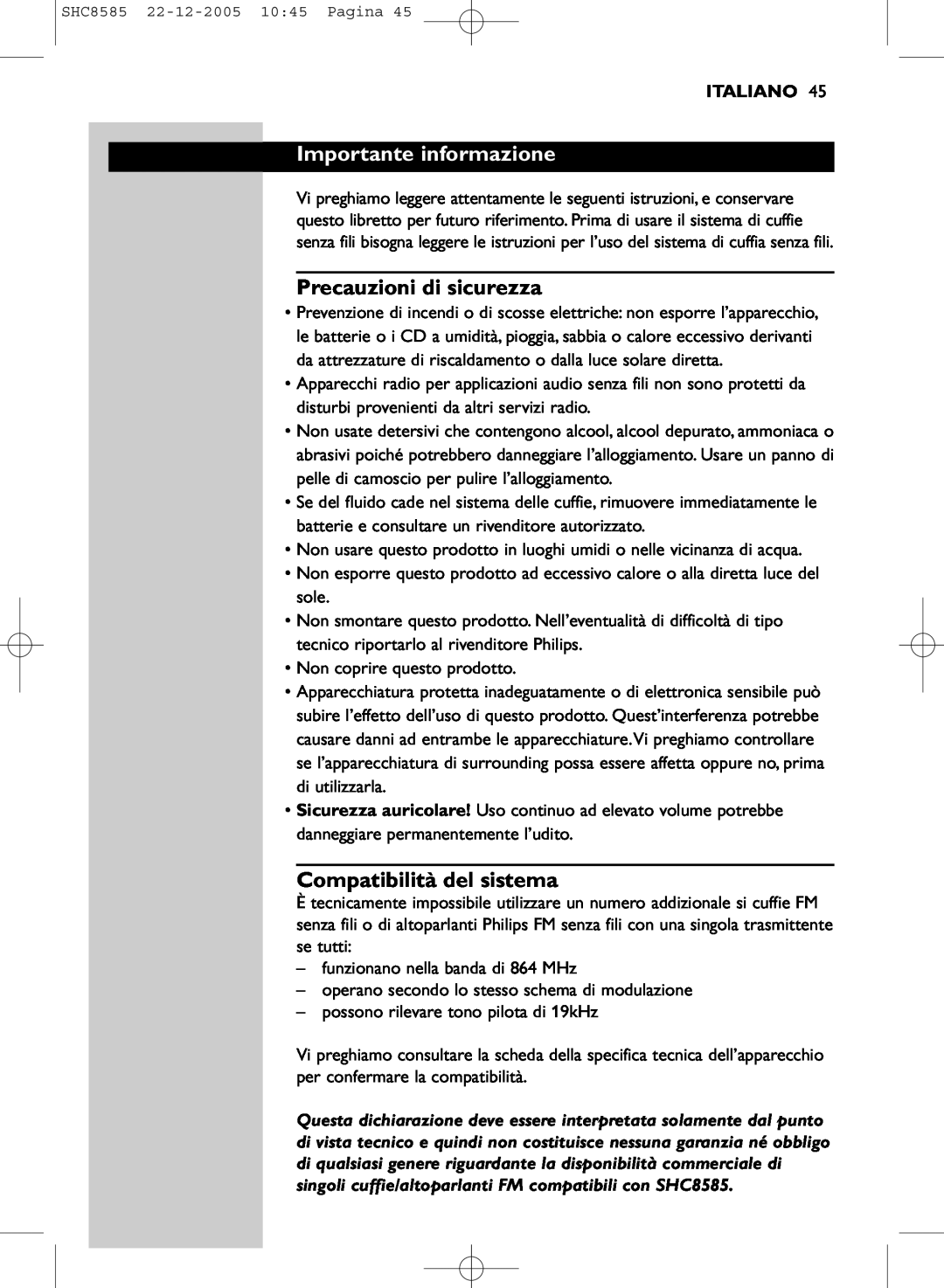 Philips SHC8585/05 manual Importante informazione, Precauzioni di sicurezza, Compatibilità del sistema, Italiano 