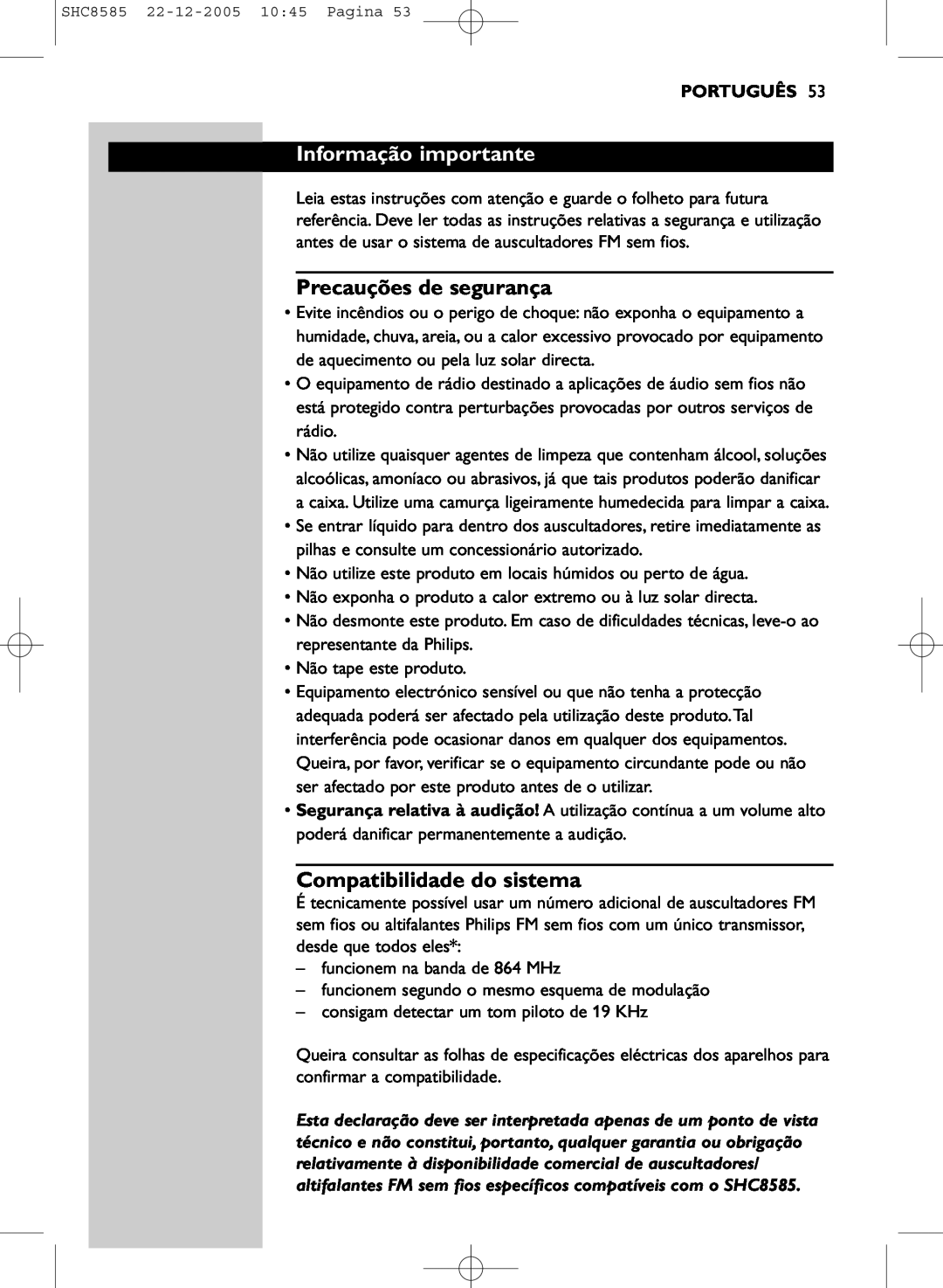 Philips SHC8585/05 manual Informação importante, Precauções de segurança, Compatibilidade do sistema, Português 