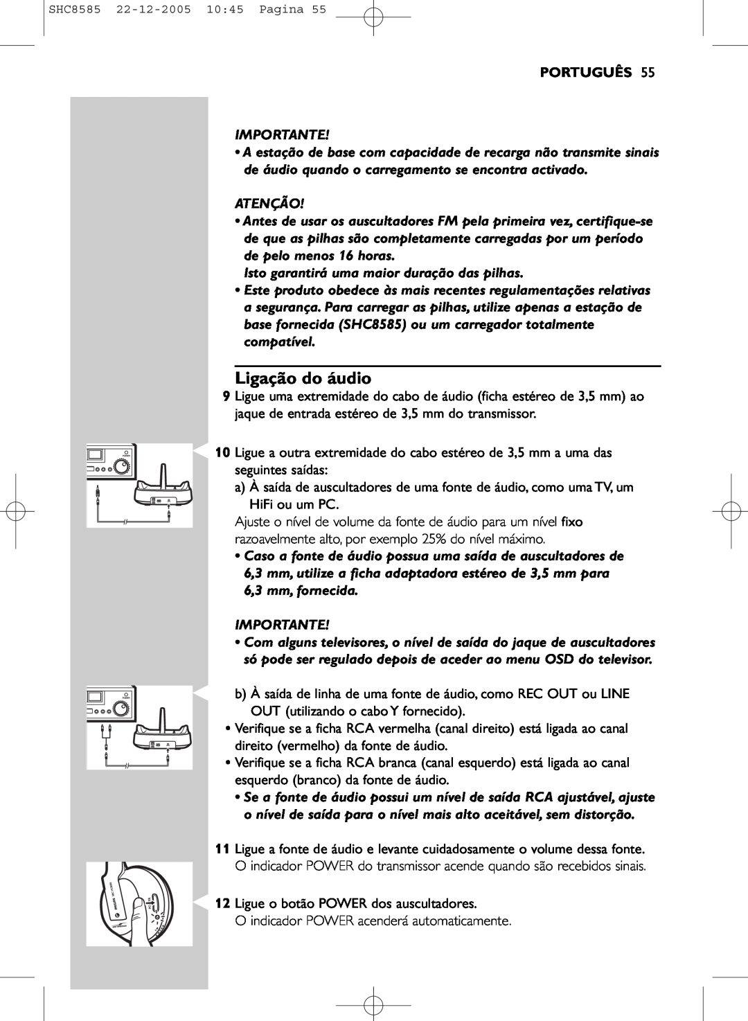 Philips SHC8585/05 manual Ligação do áudio, Português 