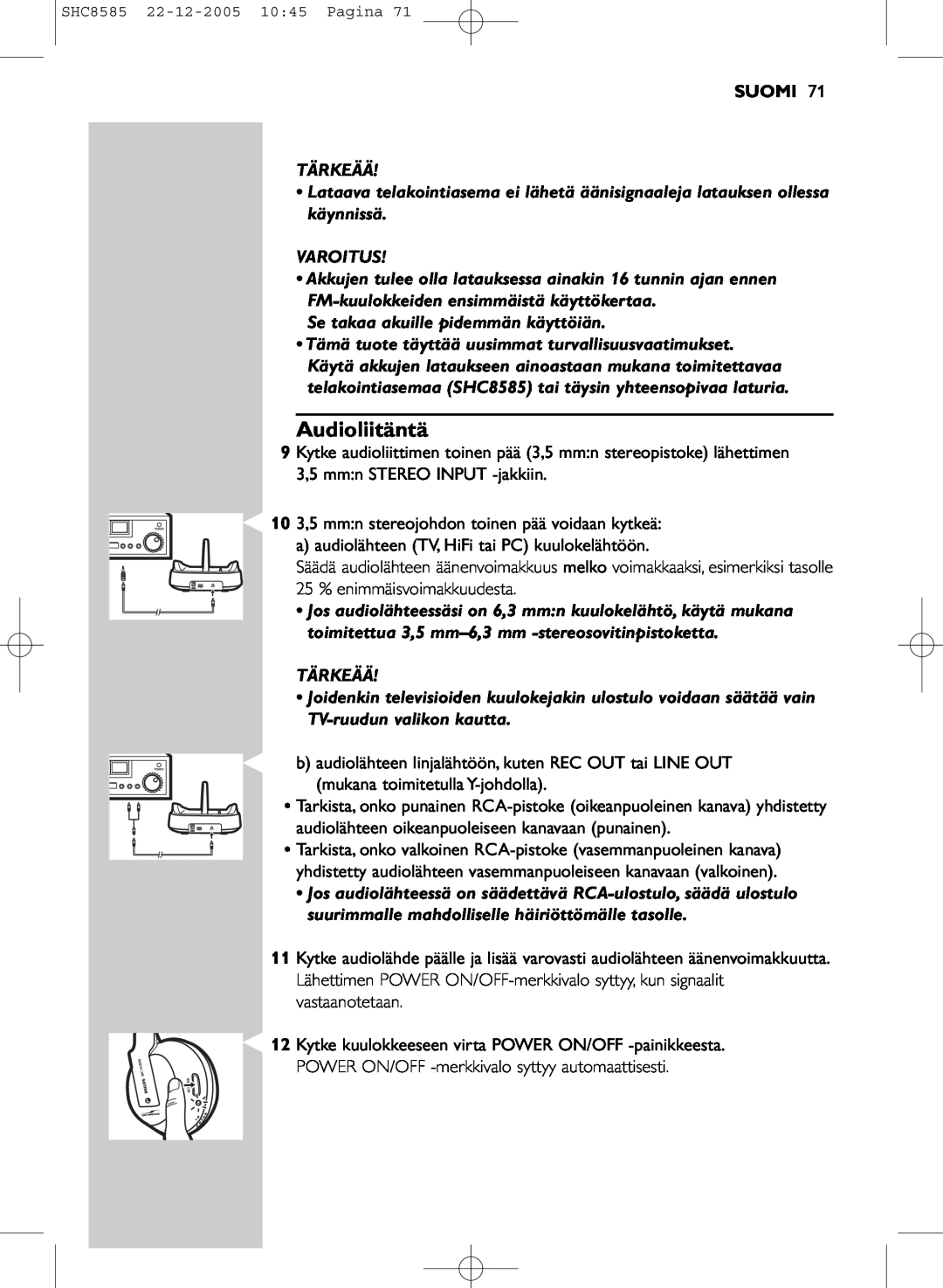 Philips SHC8585/05 manual Audioliitäntä, Suomi 