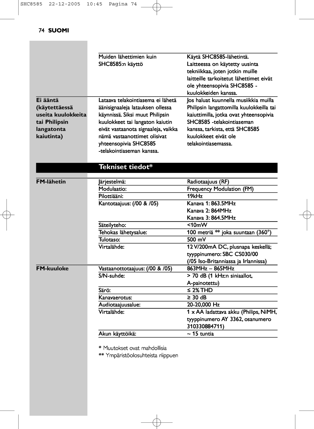 Philips SHC8585/05 manual Tekniset tiedot, Suomi, Ei ääntä, käytettäessä, useita kuulokkeita, tai Philipsin, langatonta 