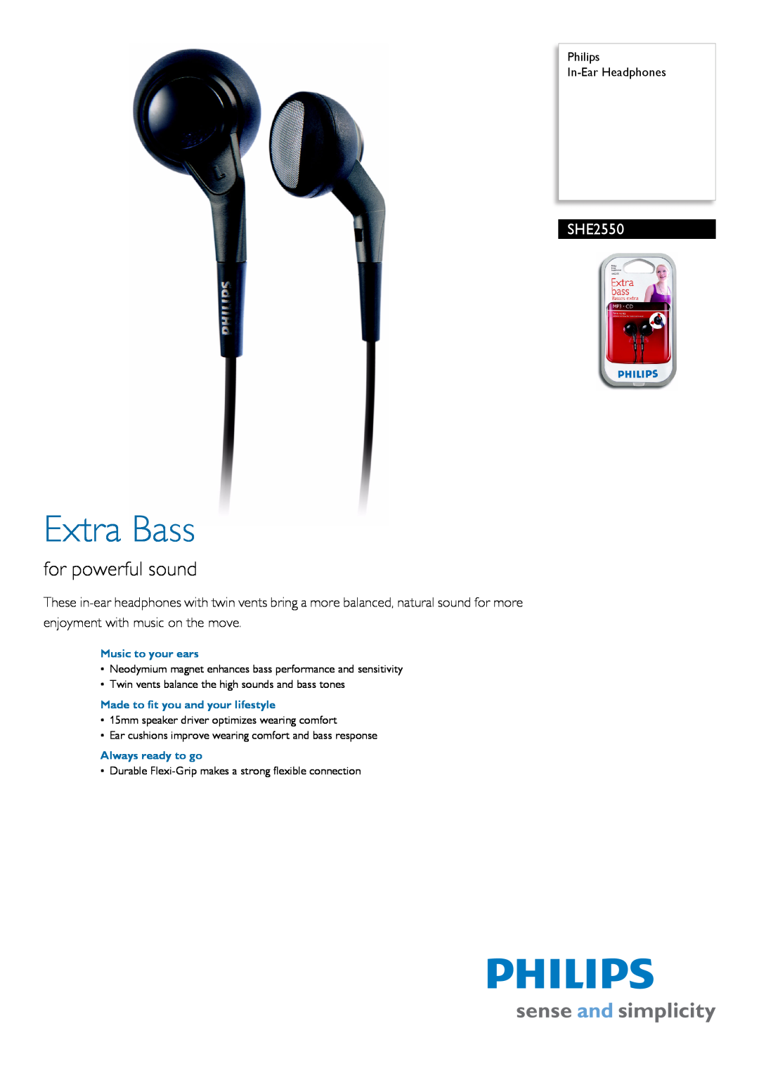 Philips SHE2550 manual Philips In-EarHeadphones, Extra Bass, for powerful sound 