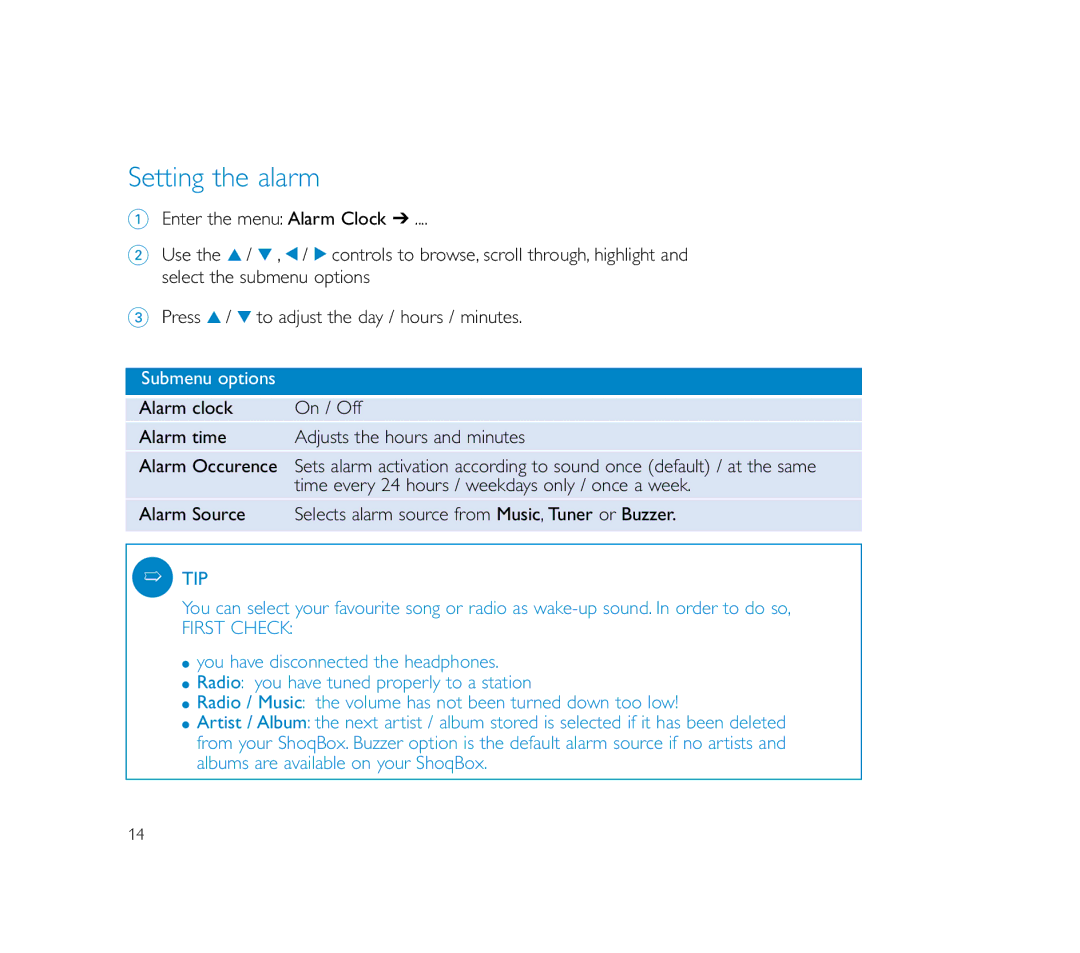 Philips ShoqBox user manual Setting the alarm 