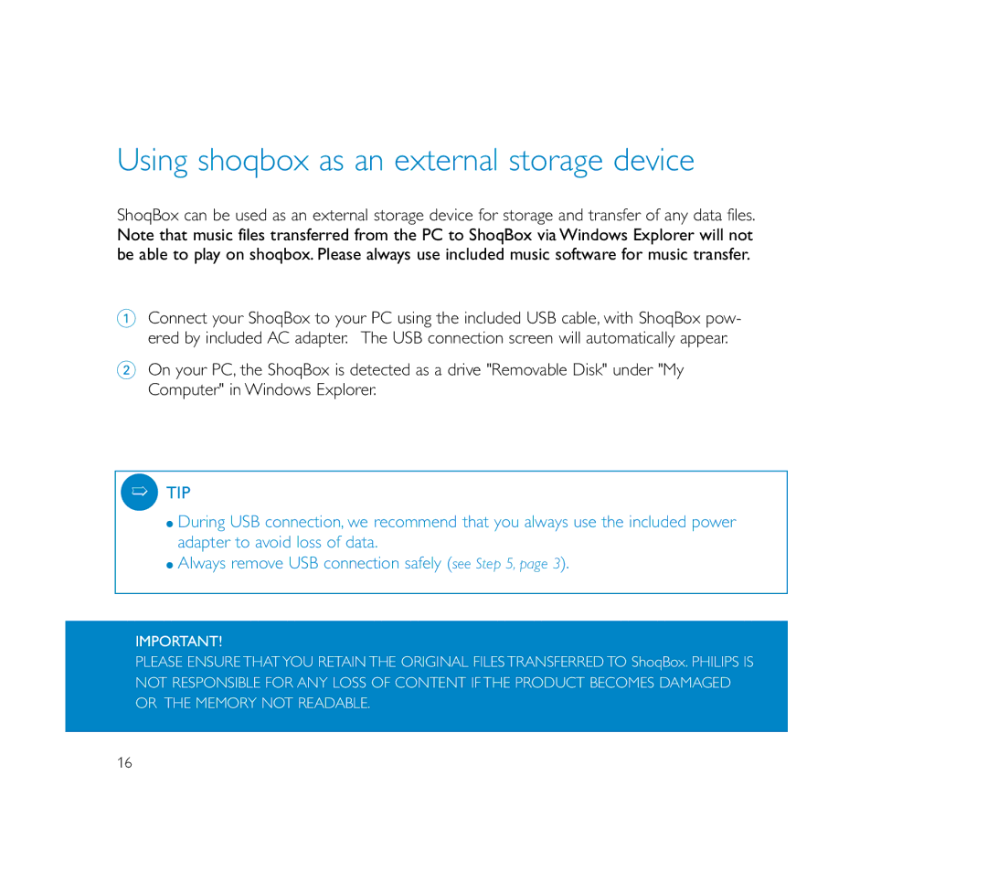 Philips ShoqBox user manual Using shoqbox as an external storage device 