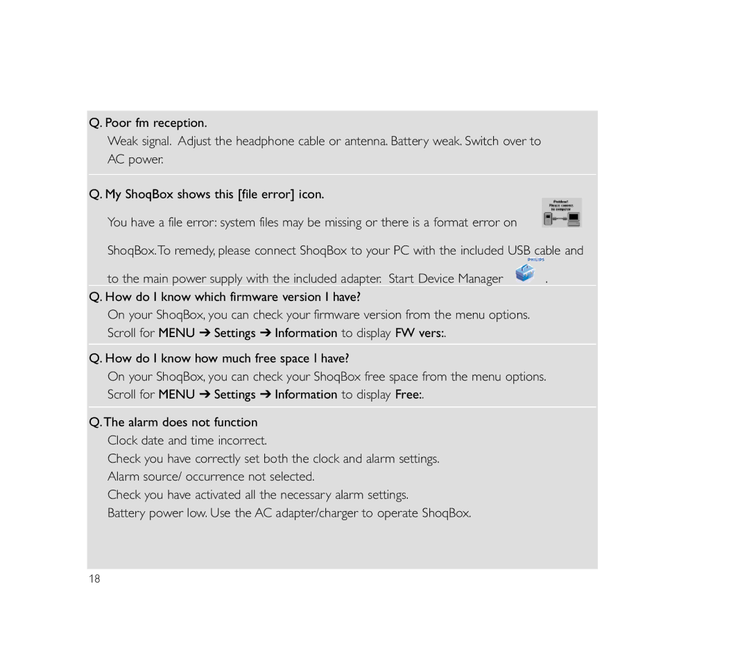 Philips ShoqBox user manual Alarm does not function Clock date and time incorrect 
