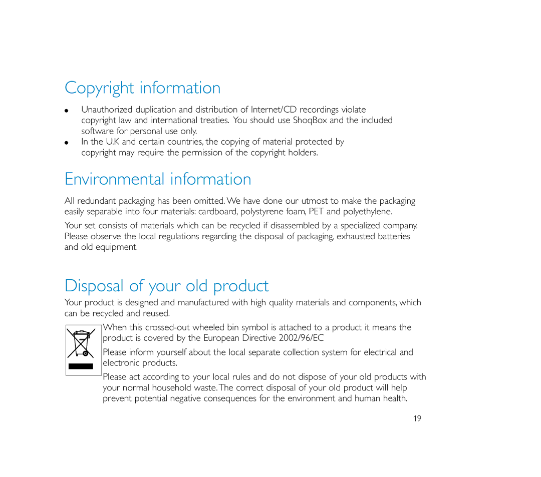 Philips ShoqBox user manual Copyright information, Environmental information, Disposal of your old product 