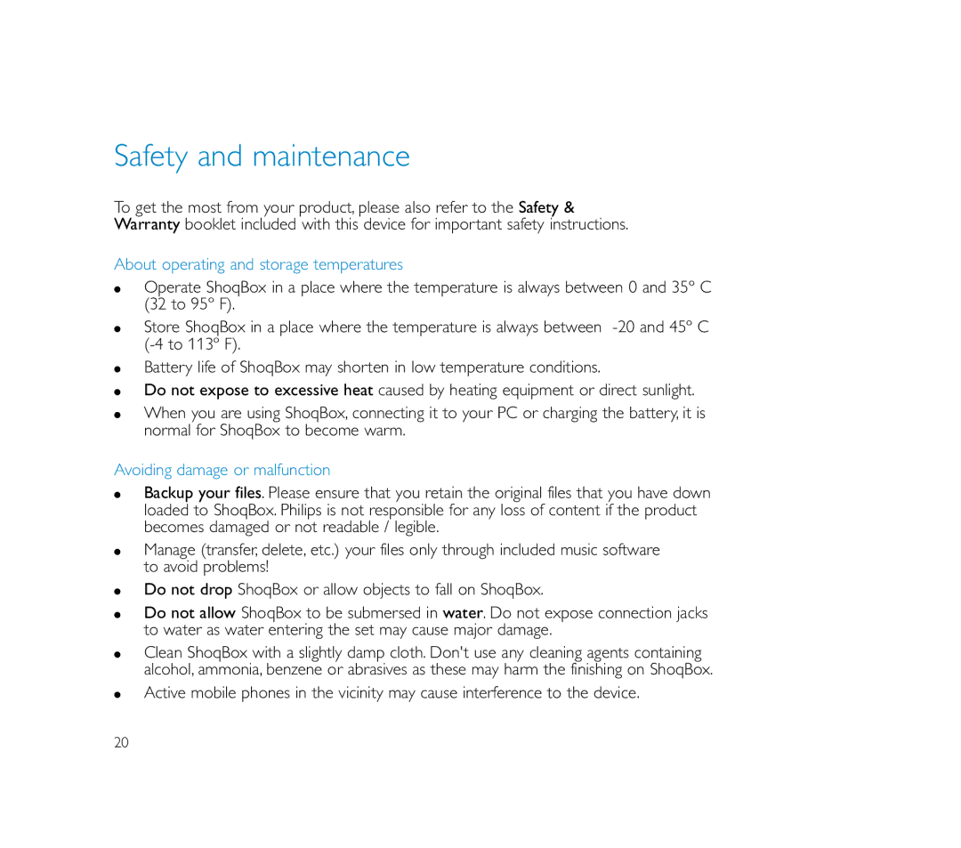 Philips ShoqBox Safety and maintenance, About operating and storage temperatures, Avoiding damage or malfunction 