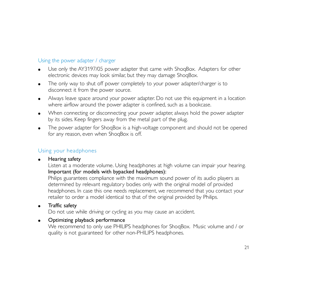 Philips ShoqBox user manual Using the power adapter / charger, Using your headphones 