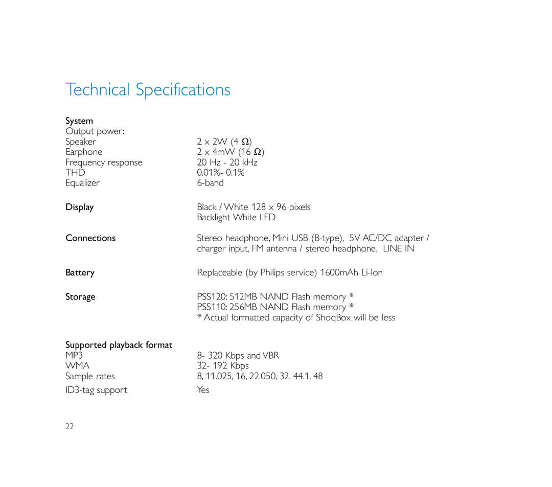 Philips ShoqBox user manual Technical Specifications, Thd 