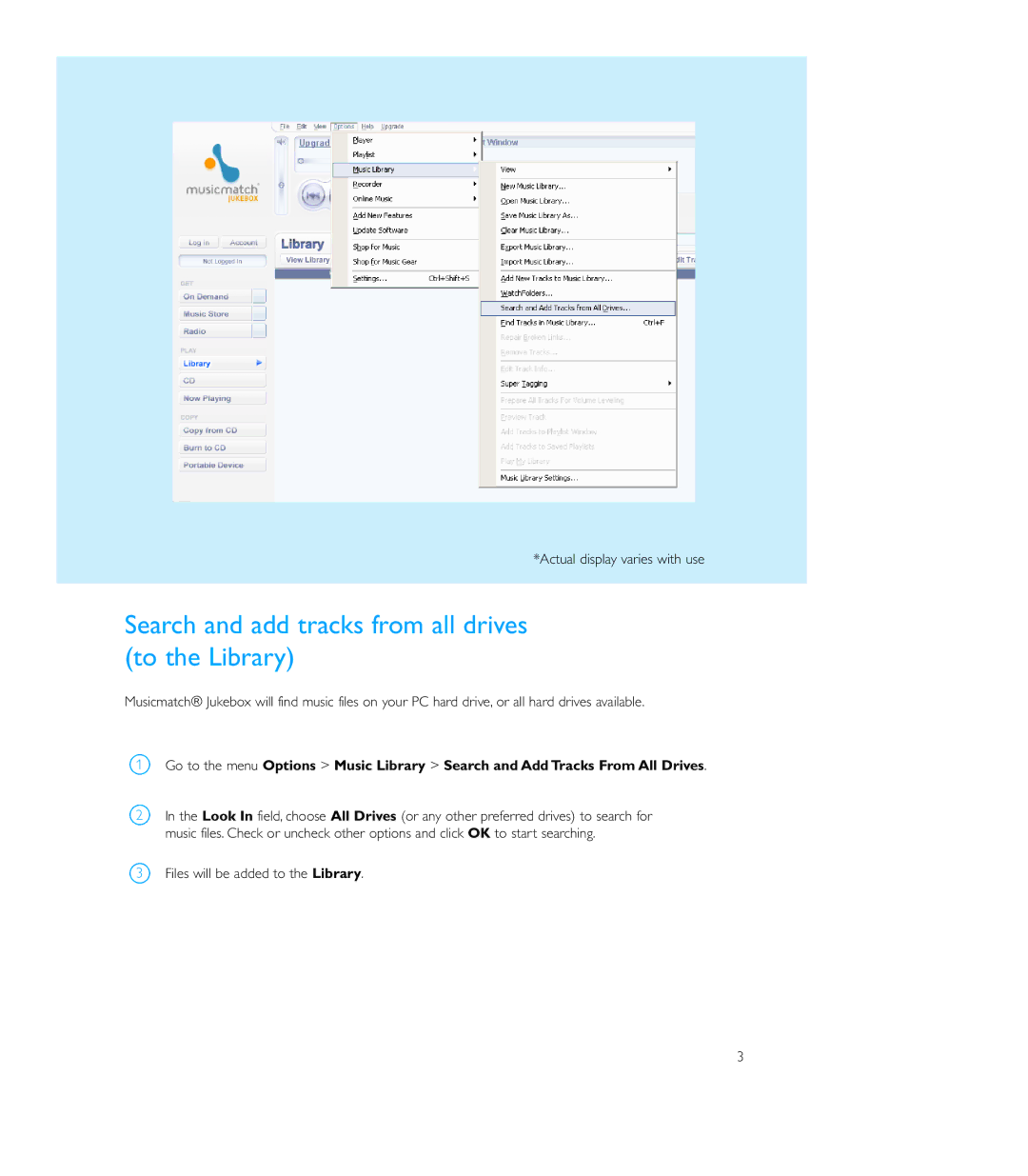 Philips ShoqBox user manual Search and add tracks from all drives to the Library 