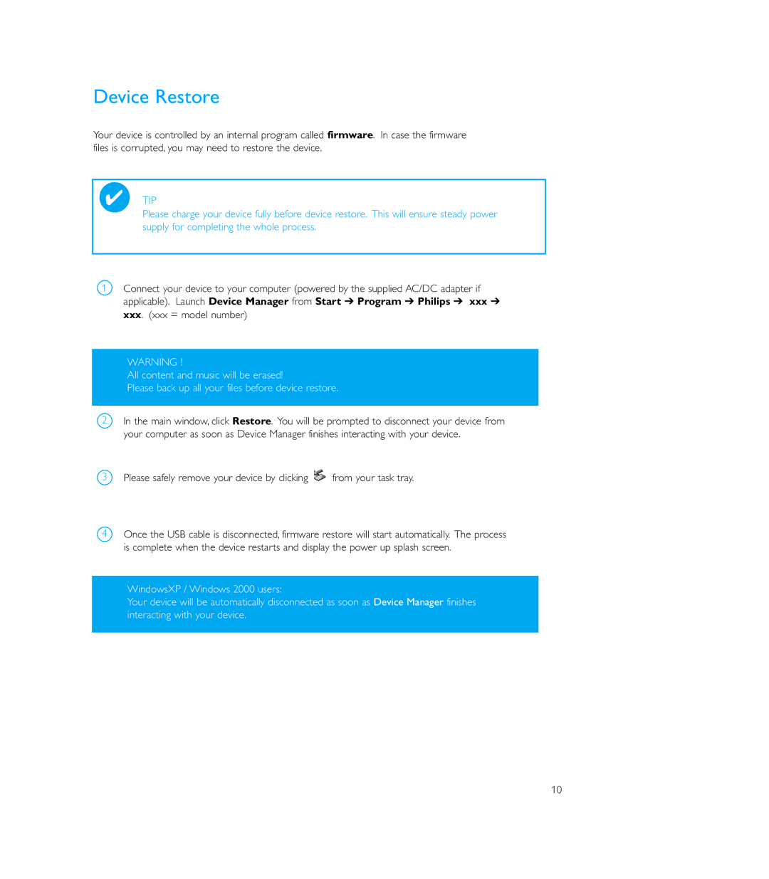 Philips ShoqBox user manual Device Restore 