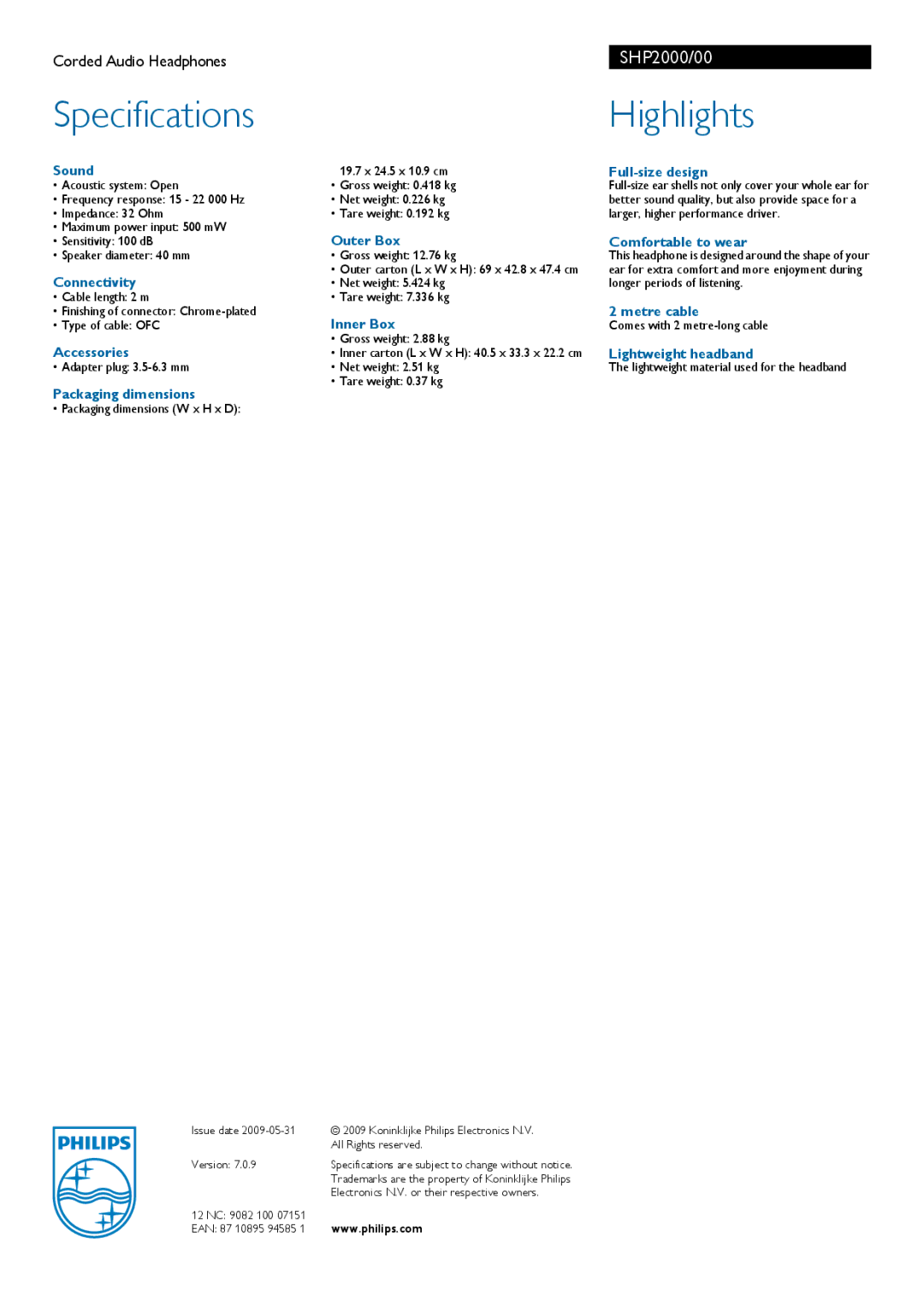 Philips SHP 2000 manual Specifications, Highlights 