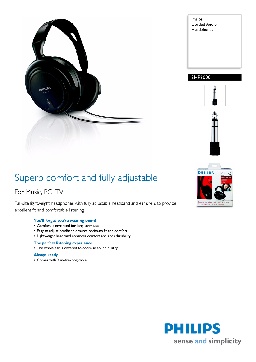 Philips SHP 2000 manual SHP2000, Philips Corded Audio Headphones, Superb comfort and fully adjustable, For Music, PC, TV 