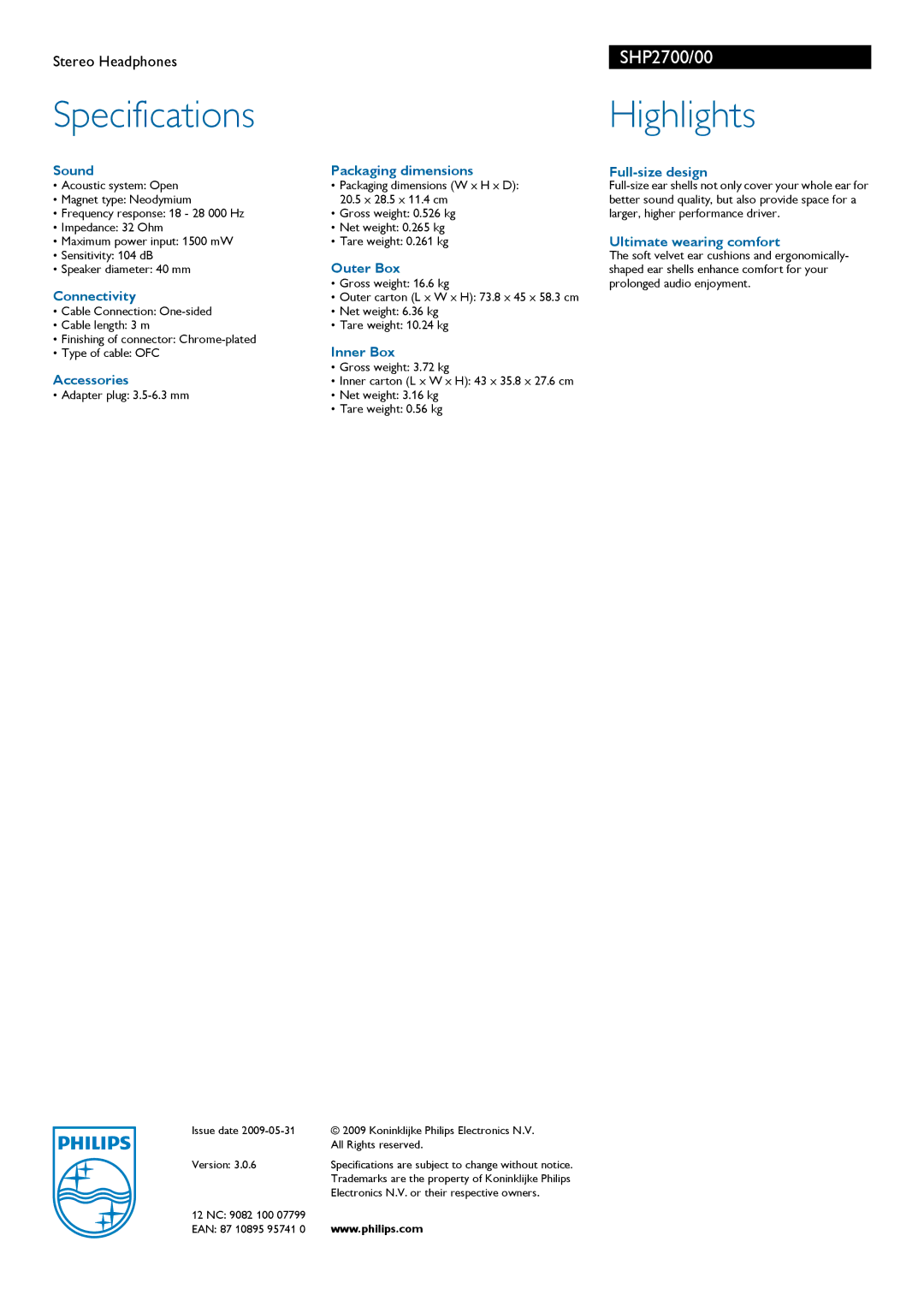 Philips SHP2700 manual Specifications, Highlights 