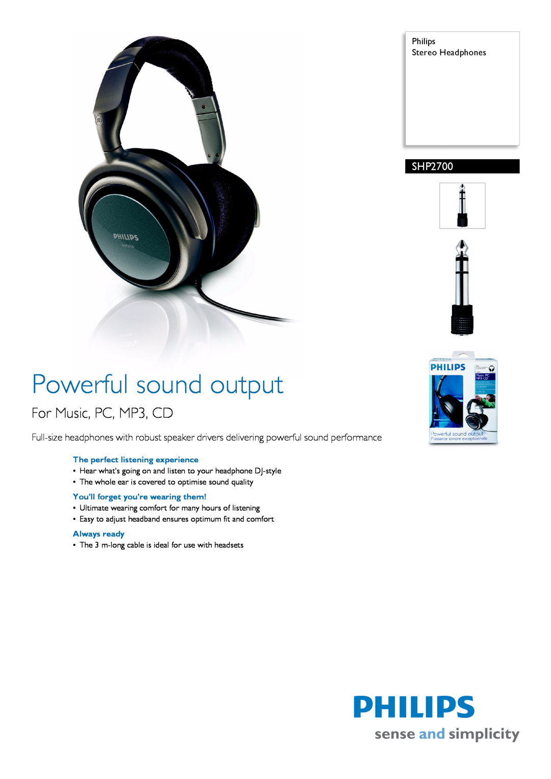 Philips SHP2700 manual Philips Stereo Headphones, The perfect listening experience, Youll forget youre wearing them 